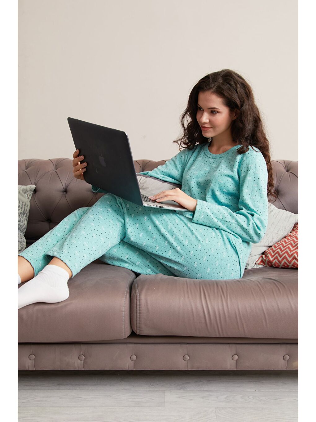 Turkuaz Büyük Beden Kalp Ve Yıldız Desenli Pijama Takımı-1