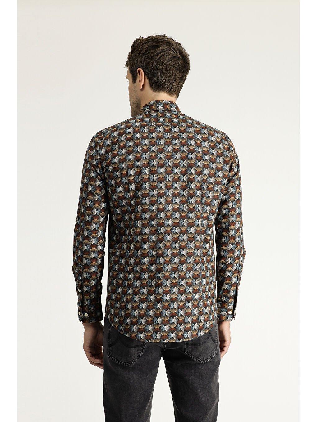 Kahverengi Uzun Kol Baskılı Slim Fit Dar Kesim Pamuk %100 Pamuk Gömlek-5