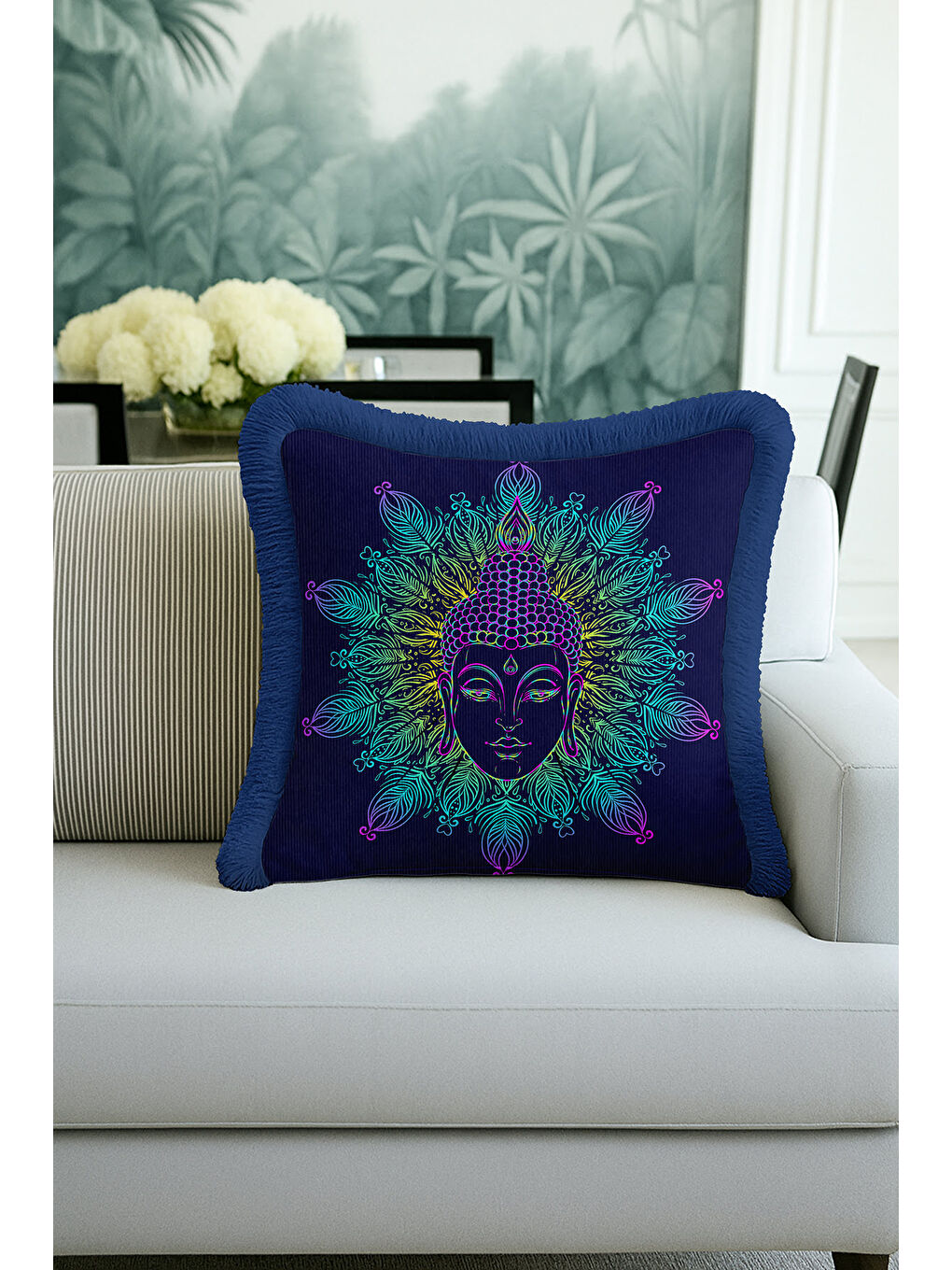 Karışık Mandala Figürlü Saçaklı Yastık Kılıfı - Spiritüel Bohem Mavi Yeşil Püsküllü Kırlent Kılıfı-4
