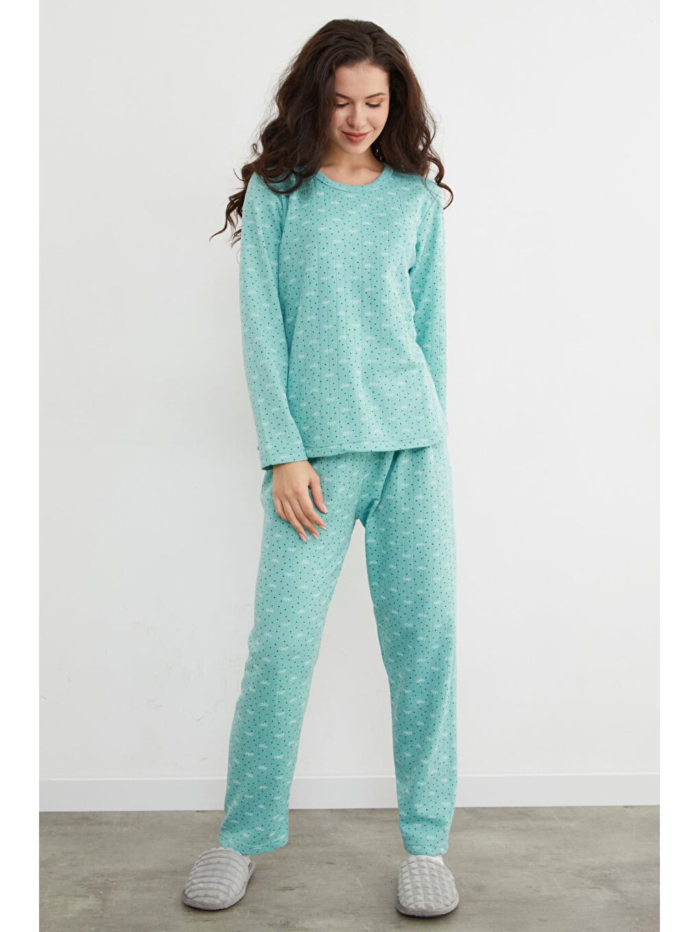 Turkuaz Büyük Beden Kalp Ve Yıldız Desenli Pijama Takımı-3