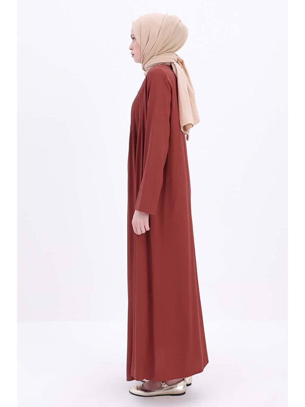 Kahverengi Kiremit Pileli Viskon Elbise-1