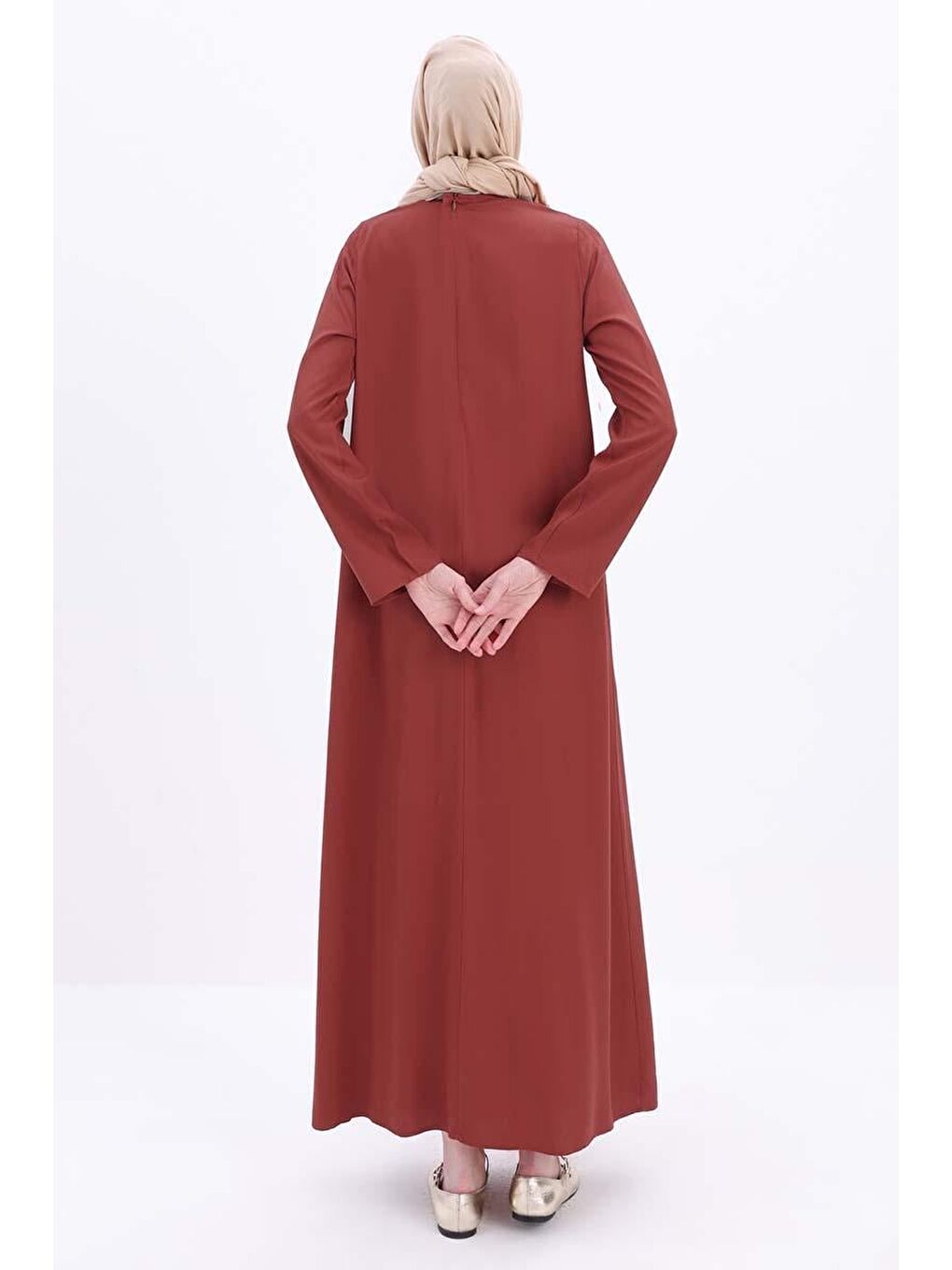 Kahverengi Kiremit Pileli Viskon Elbise-2