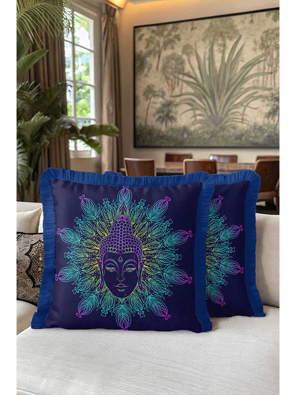 Karışık Mandala Figürlü Saçaklı Yastık Kılıfı - Spiritüel Bohem Mavi Yeşil Püsküllü Kırlent Kılıfı-5