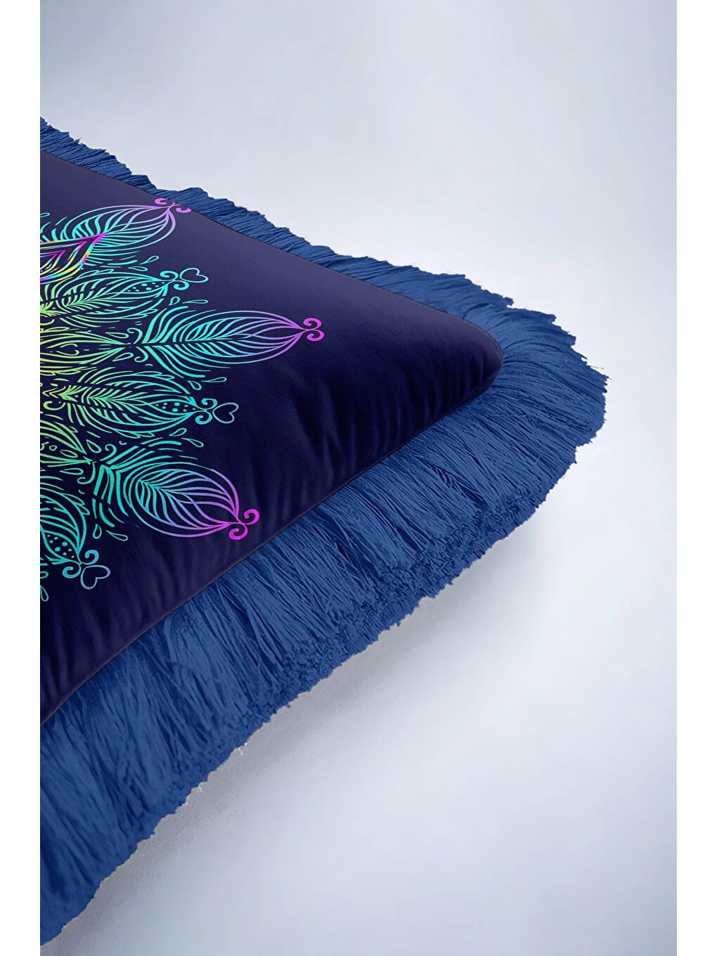 Karışık Mandala Figürlü Saçaklı Yastık Kılıfı - Spiritüel Bohem Mavi Yeşil Püsküllü Kırlent Kılıfı-6