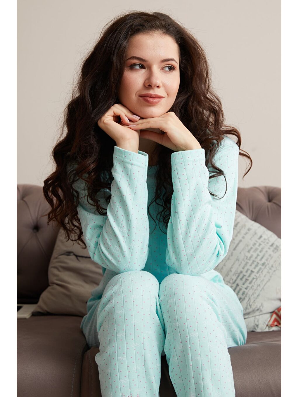 Turkuaz Büyük Beden Kalp Ve Yıldız Desenli Pijama Takımı-2