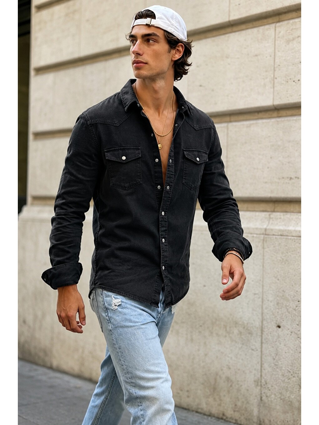 Erkek Slim Fit Siyah Jean Gömlek Çıtçıt Düğmeli Uzun Kollu Denim Gömlek