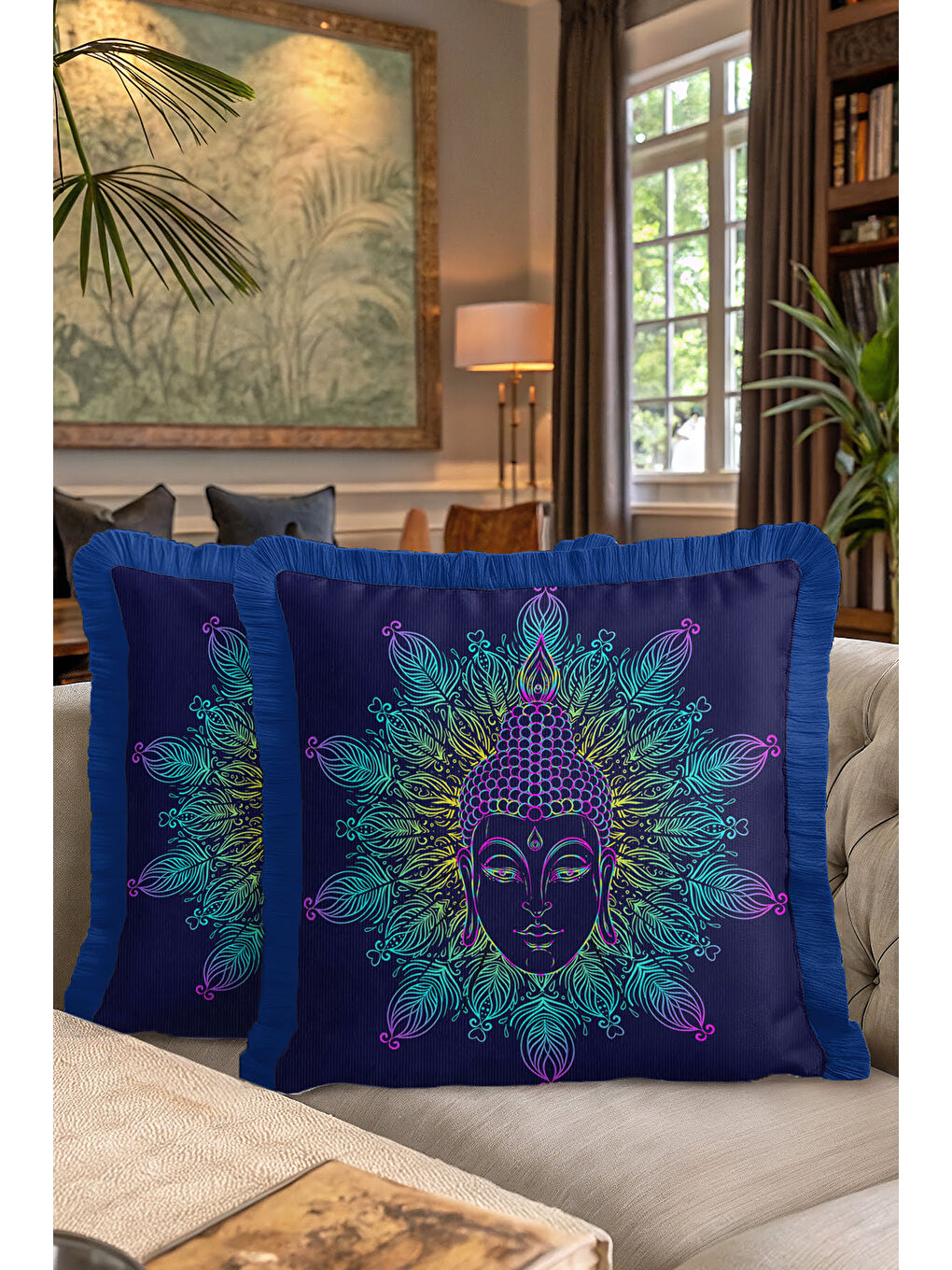 Karışık Mandala Figürlü Saçaklı Yastık Kılıfı - Spiritüel Bohem Mavi Yeşil Püsküllü Kırlent Kılıfı-7