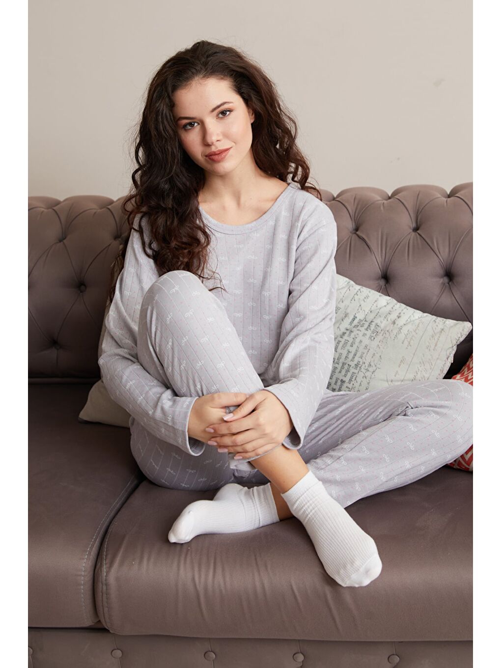 Gri Büyük Beden Kalp Ve Yıldız Desenli Pijama Takımı