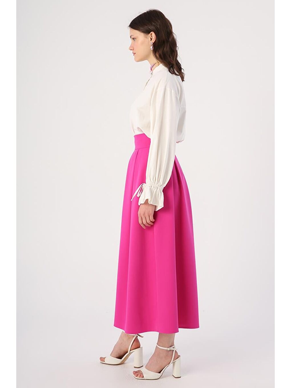 Fuşya Rahat Kalıp Pileli Fermuarlı Etek-2