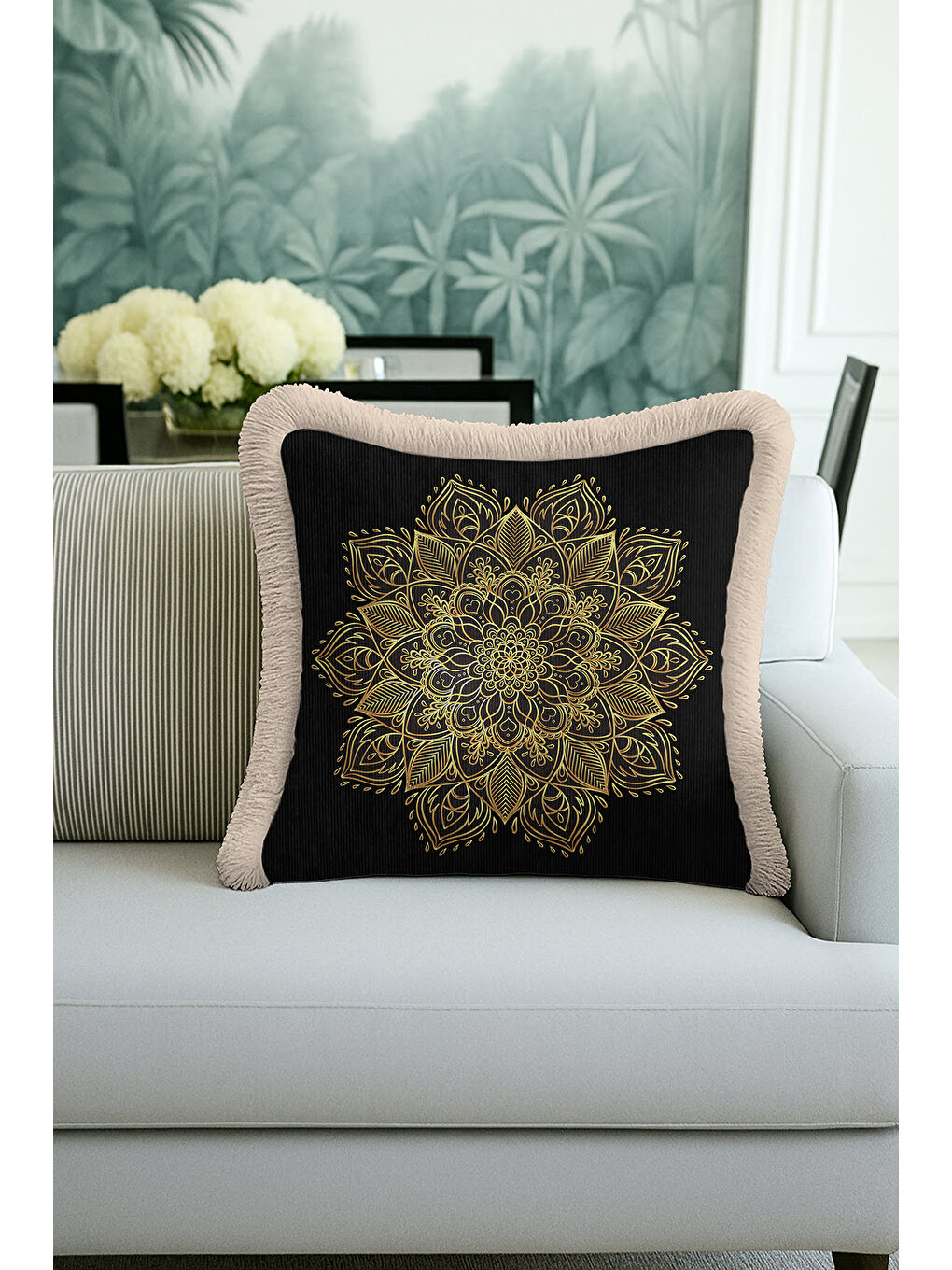 Karışık Mandala Şıklığı Saçaklı Yastık Kılıfı - Bohem Harmoni Siyah Altın Renkli Püsküllü Kırlent Kılıfı