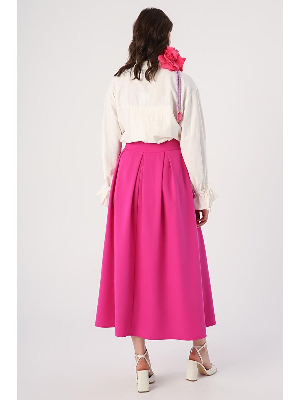 Fuşya Rahat Kalıp Pileli Fermuarlı Etek-3