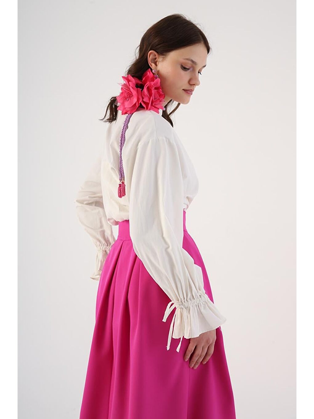 Fuşya Rahat Kalıp Pileli Fermuarlı Etek-4