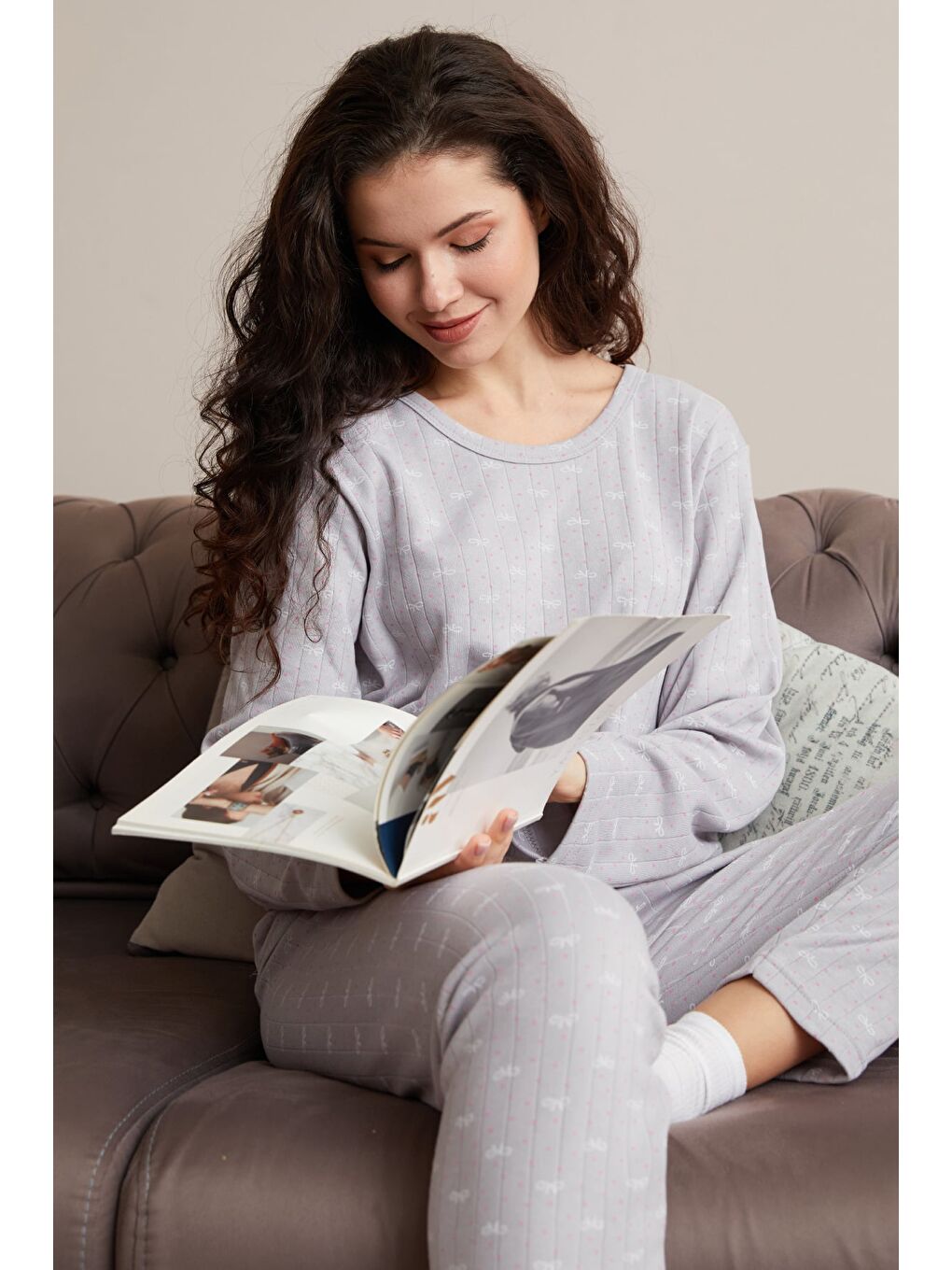 Gri Büyük Beden Kalp Ve Yıldız Desenli Pijama Takımı-1