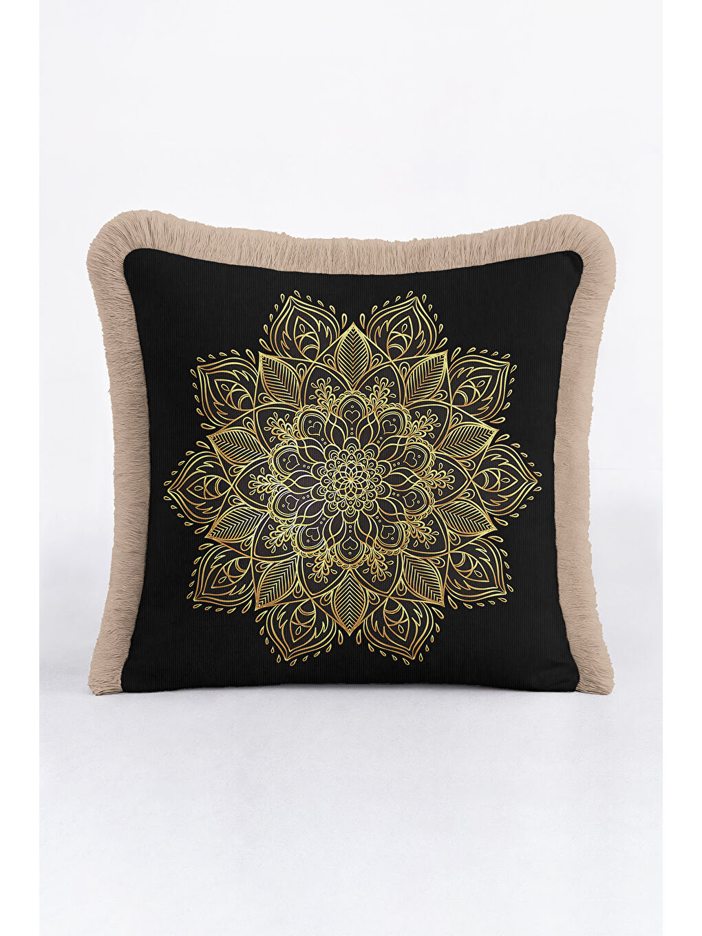 Karışık Mandala Şıklığı Saçaklı Yastık Kılıfı - Bohem Harmoni Siyah Altın Renkli Püsküllü Kırlent Kılıfı-1