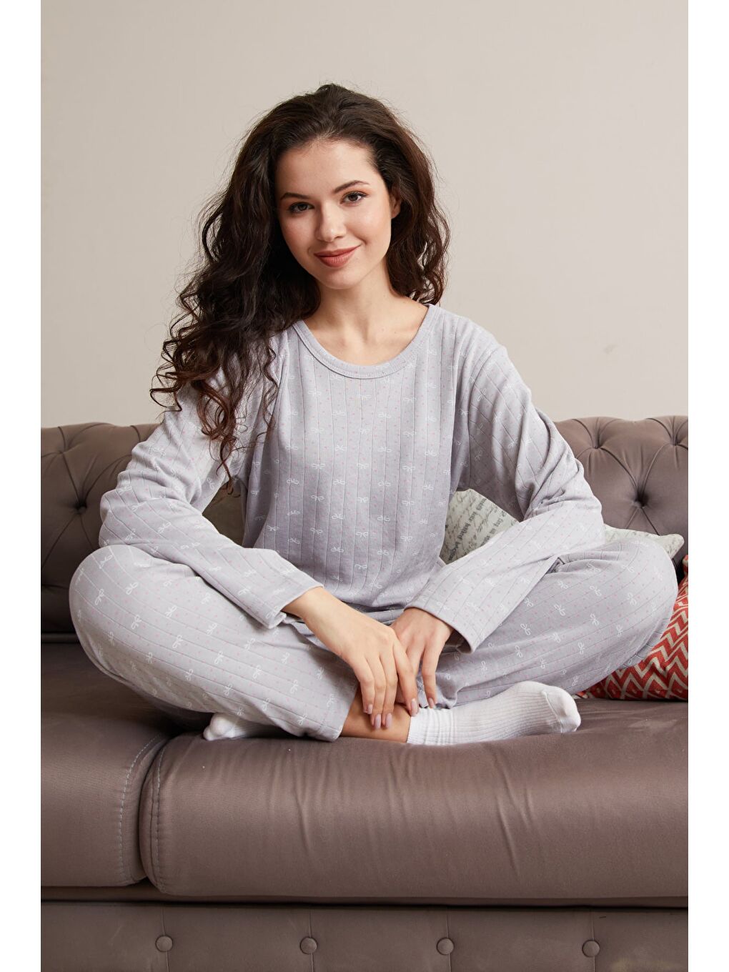 Gri Büyük Beden Kalp Ve Yıldız Desenli Pijama Takımı-2