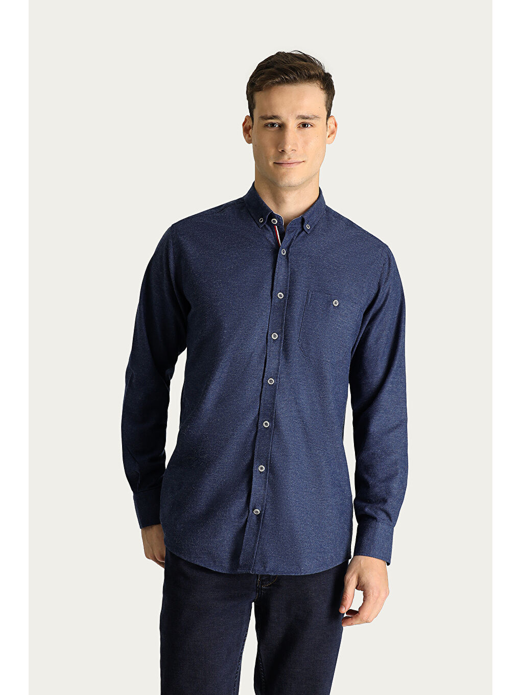 Lacivert Uzun Kol Regular Fit Pamuklu Düğmeli Yaka Gömlek-2