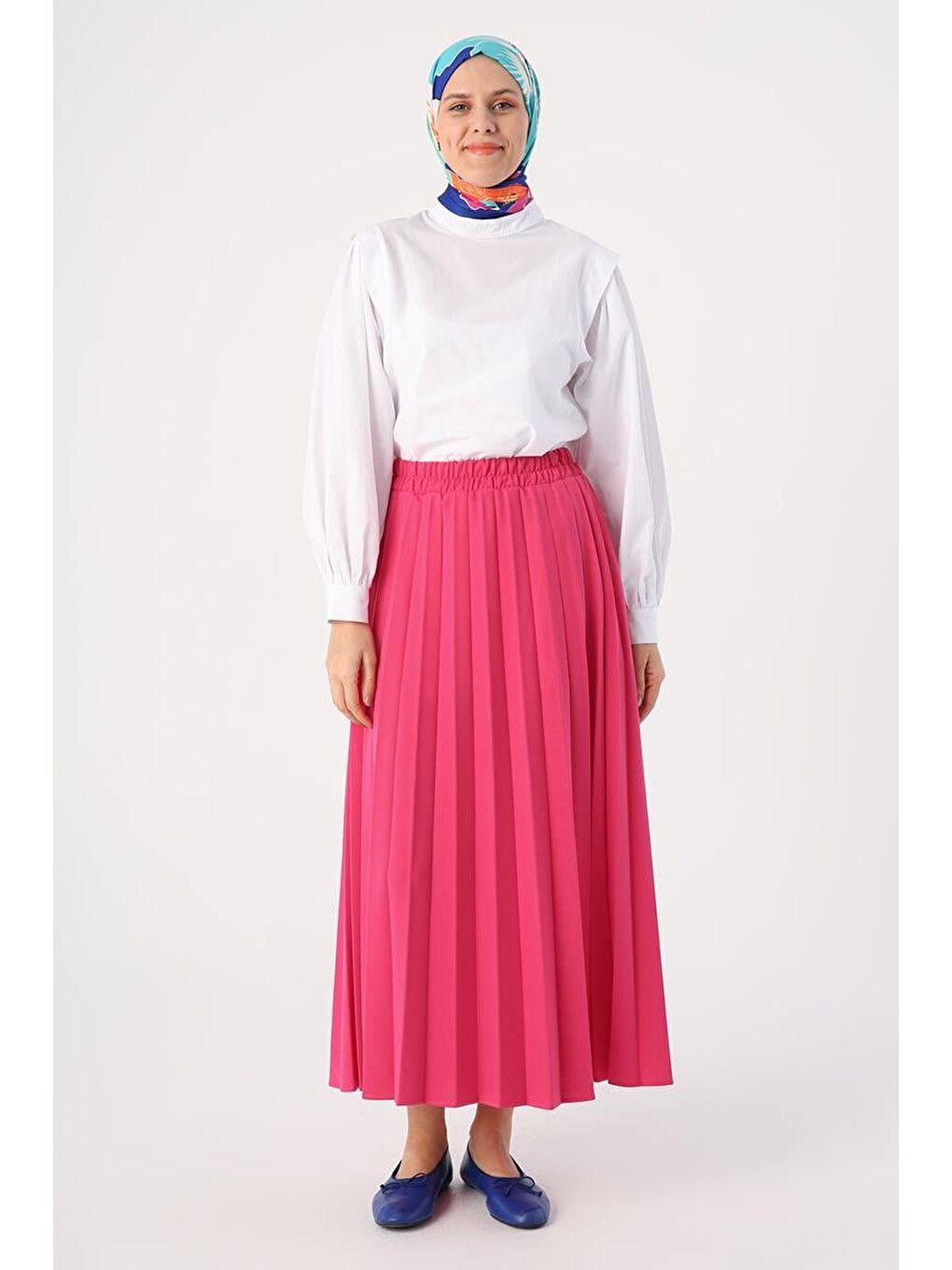 Fuşya Beli Lastikli Örme Plise Etek-1