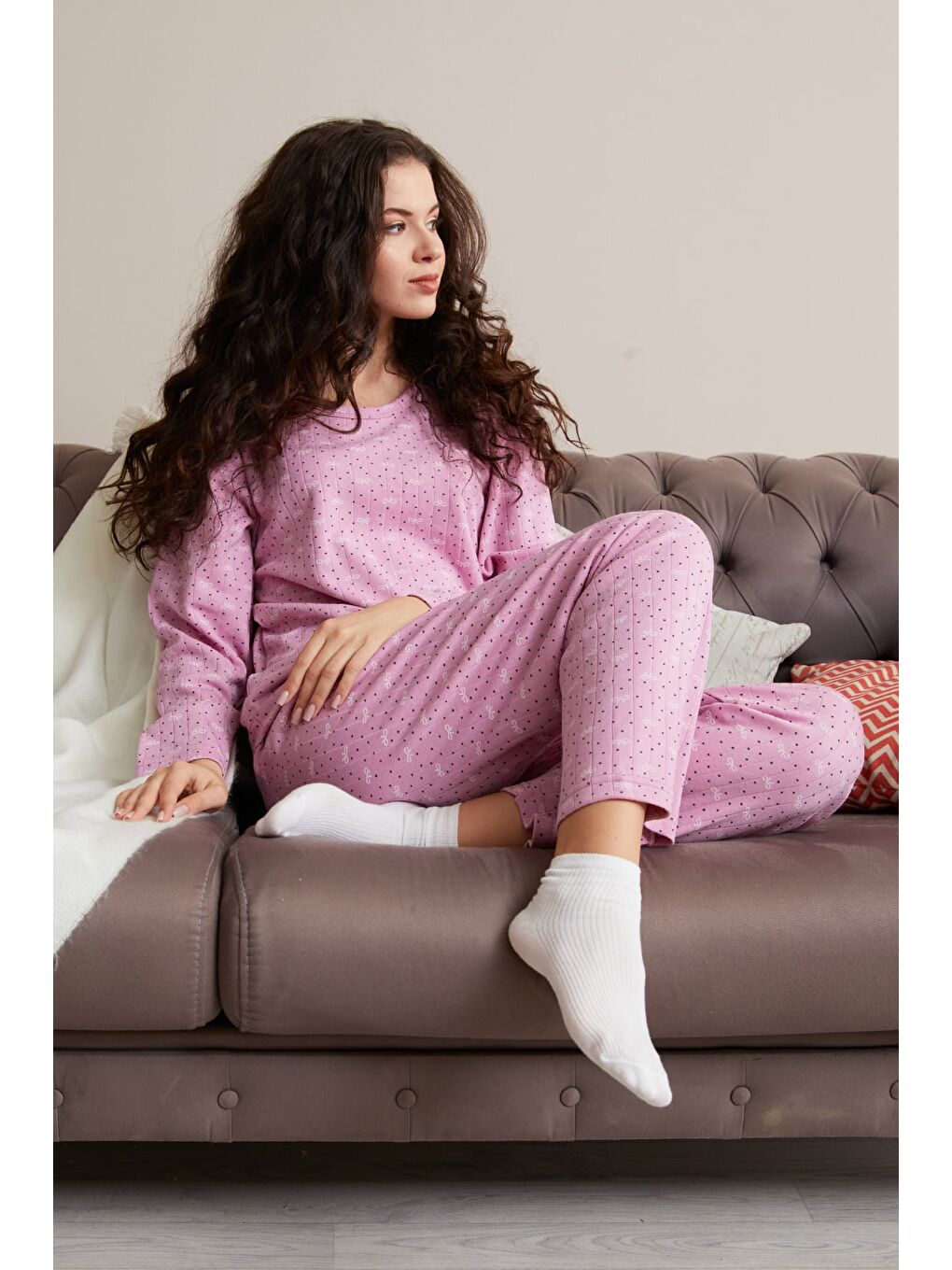Pembe Büyük Beden Kalp Ve Yıldız Desenli Pijama Takımı-1