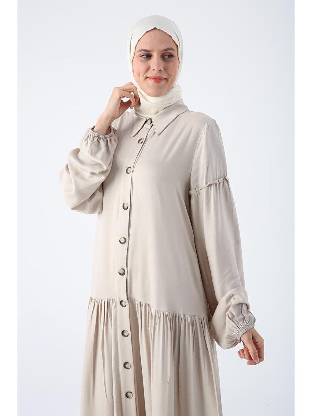 Bej Taş-eteği Ve Kolları Fırfırlı Gömlek Elbise-4