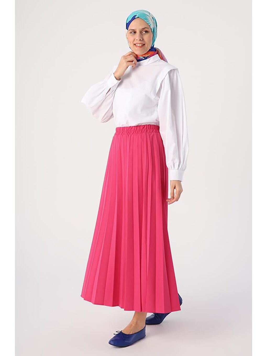 Fuşya Beli Lastikli Örme Plise Etek-2