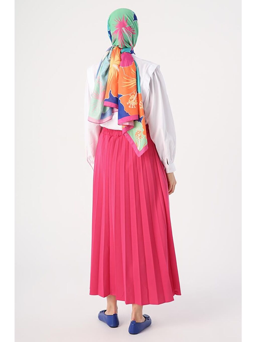 Fuşya Beli Lastikli Örme Plise Etek-3