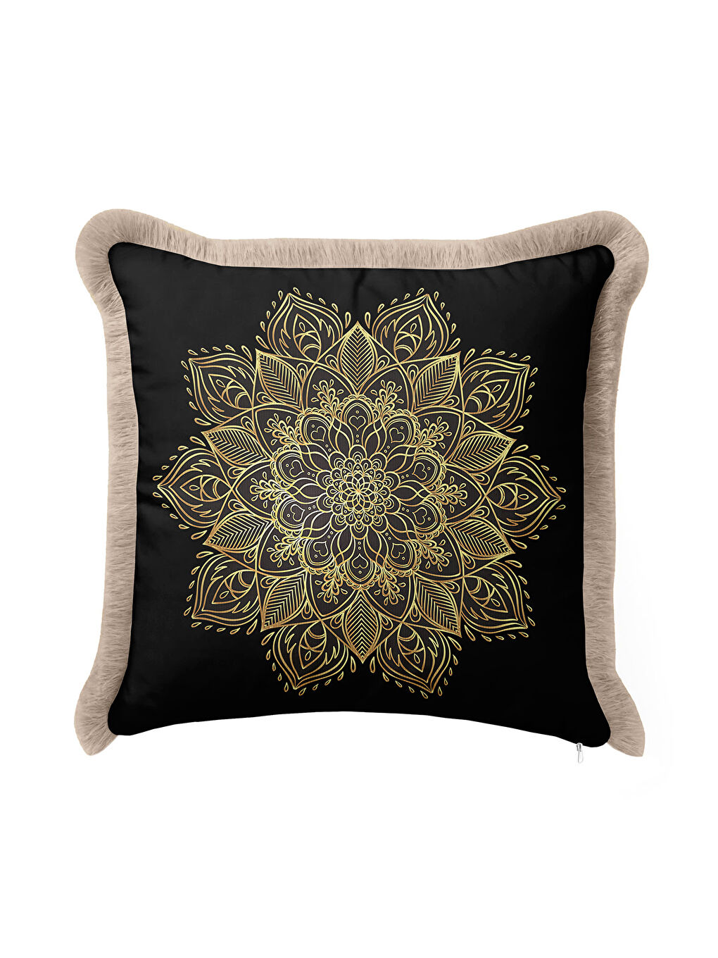Karışık Mandala Şıklığı Saçaklı Yastık Kılıfı - Bohem Harmoni Siyah Altın Renkli Püsküllü Kırlent Kılıfı-4