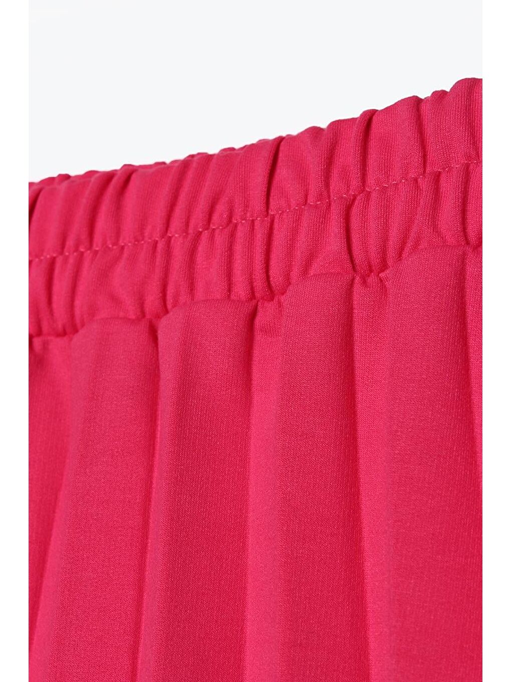 Fuşya Beli Lastikli Örme Plise Etek-4