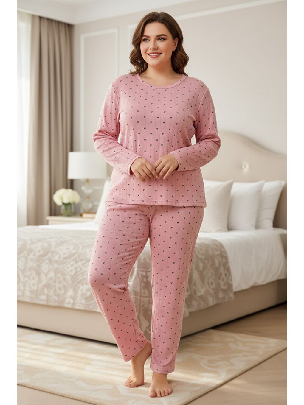 Pembe Büyük Beden Kalp Ve Yıldız Desenli Pijama Takımı