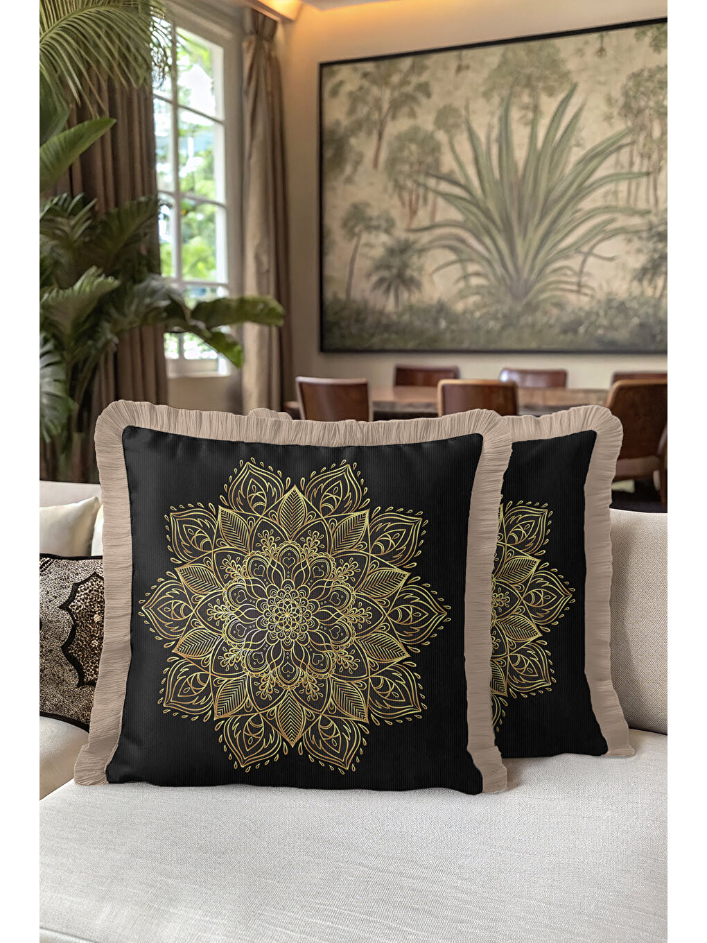 Karışık Mandala Şıklığı Saçaklı Yastık Kılıfı - Bohem Harmoni Siyah Altın Renkli Püsküllü Kırlent Kılıfı-5