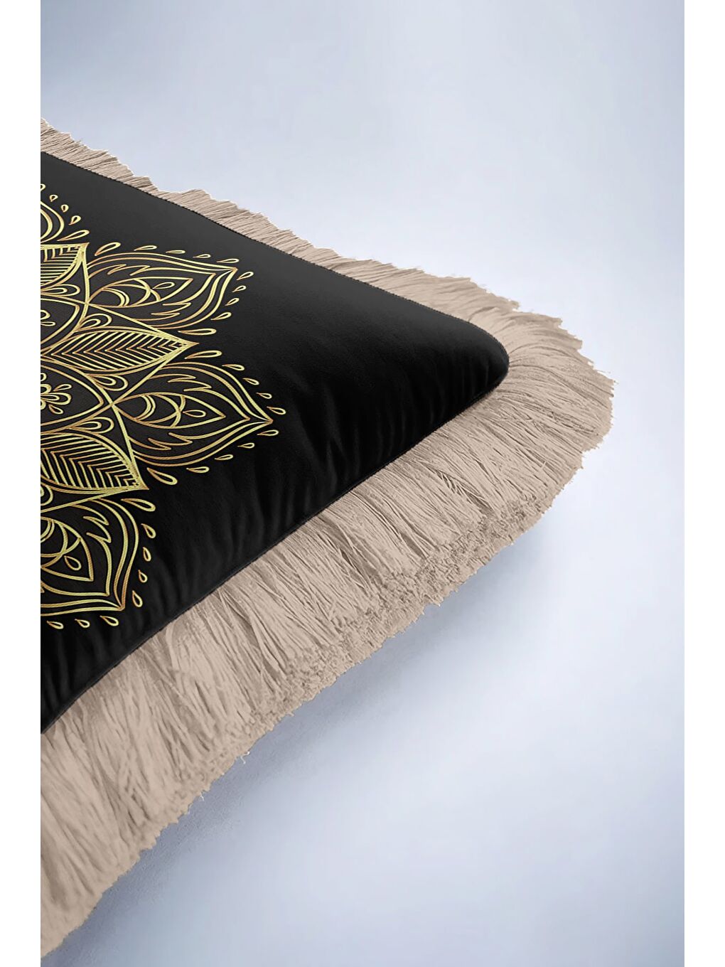 Karışık Mandala Şıklığı Saçaklı Yastık Kılıfı - Bohem Harmoni Siyah Altın Renkli Püsküllü Kırlent Kılıfı-6