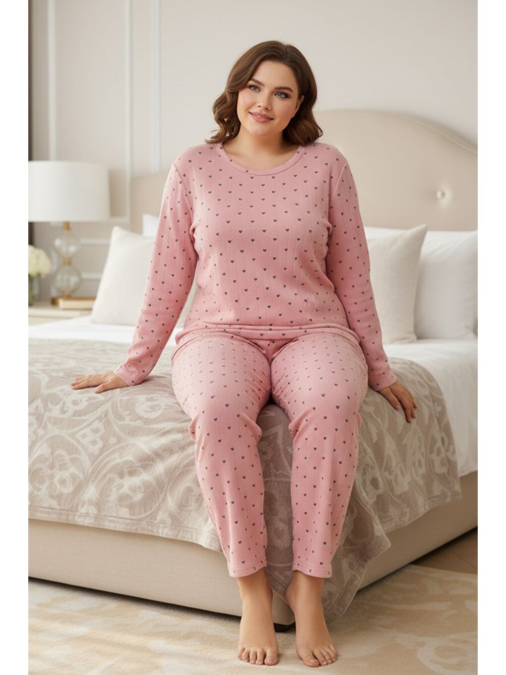 Pembe Büyük Beden Kalp Ve Yıldız Desenli Pijama Takımı-1