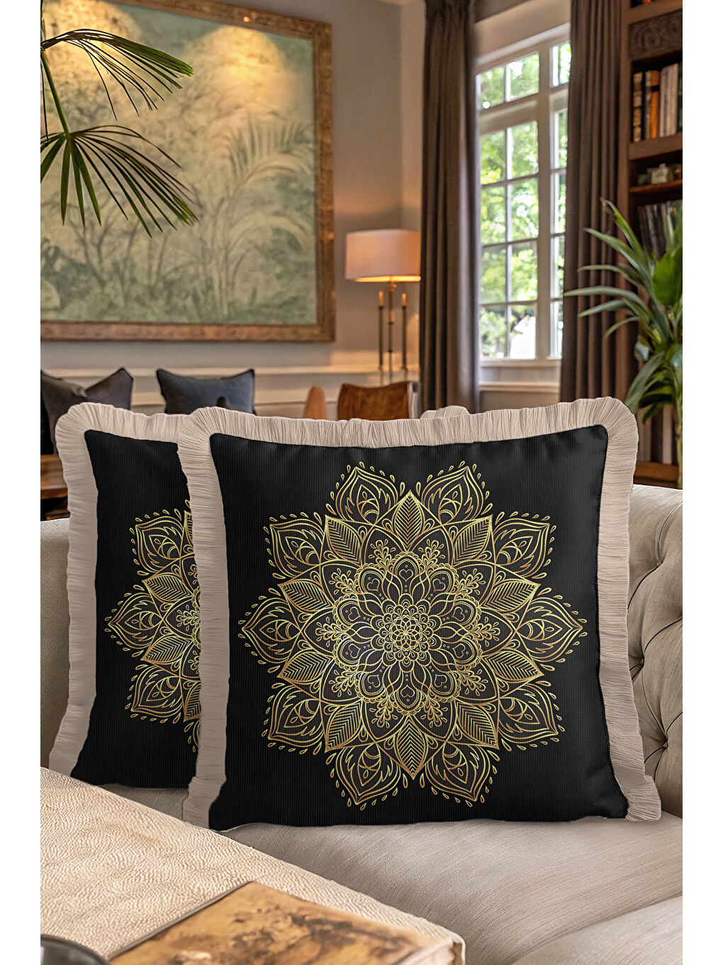 Karışık Mandala Şıklığı Saçaklı Yastık Kılıfı - Bohem Harmoni Siyah Altın Renkli Püsküllü Kırlent Kılıfı-7