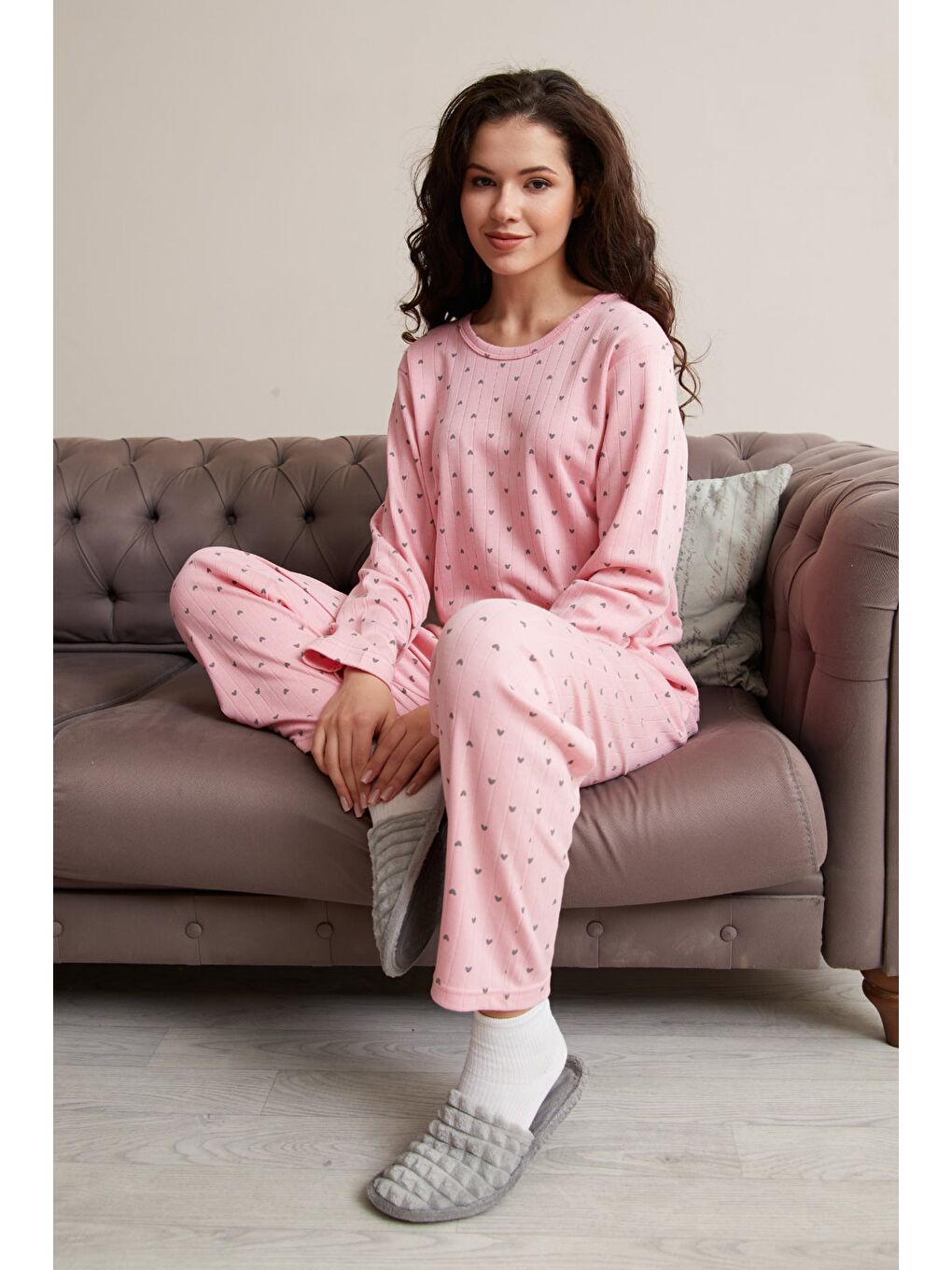 Pembe Büyük Beden Kalp Ve Yıldız Desenli Pijama Takımı-3