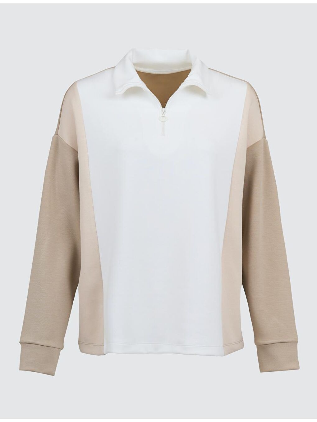 Bej Balıkçı Yaka Uzun Kollu Renk Bloklu Sweatshirt-5