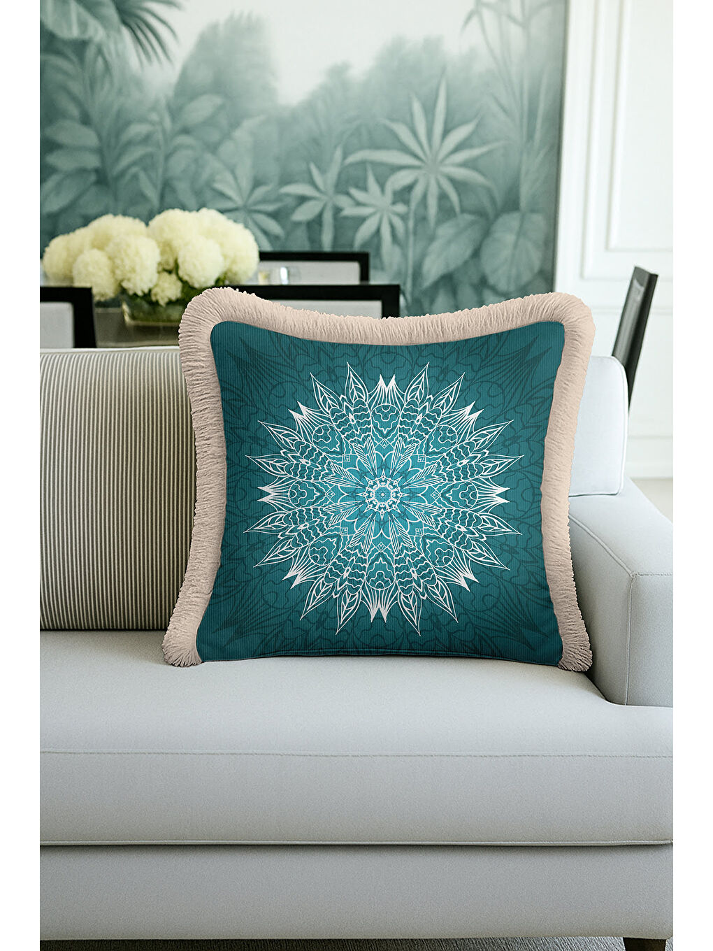 Karışık Mandala Motifli Saçaklı Yastık Kılıfı - Turkuaz Bohem Stil Bej Çerçeveli Püsküllü Kırlent Kılıfı