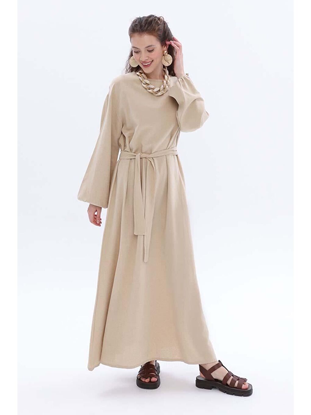 Bej Kemerli  Elbise-4