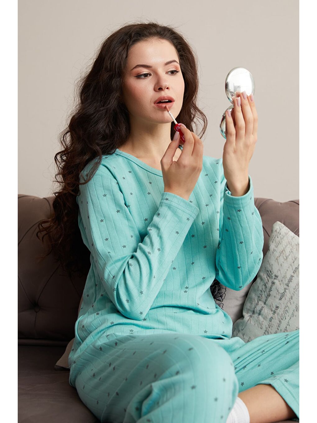 Yeşil Büyük Beden Kalp Ve Yıldız Desenli Pijama Takımı-2