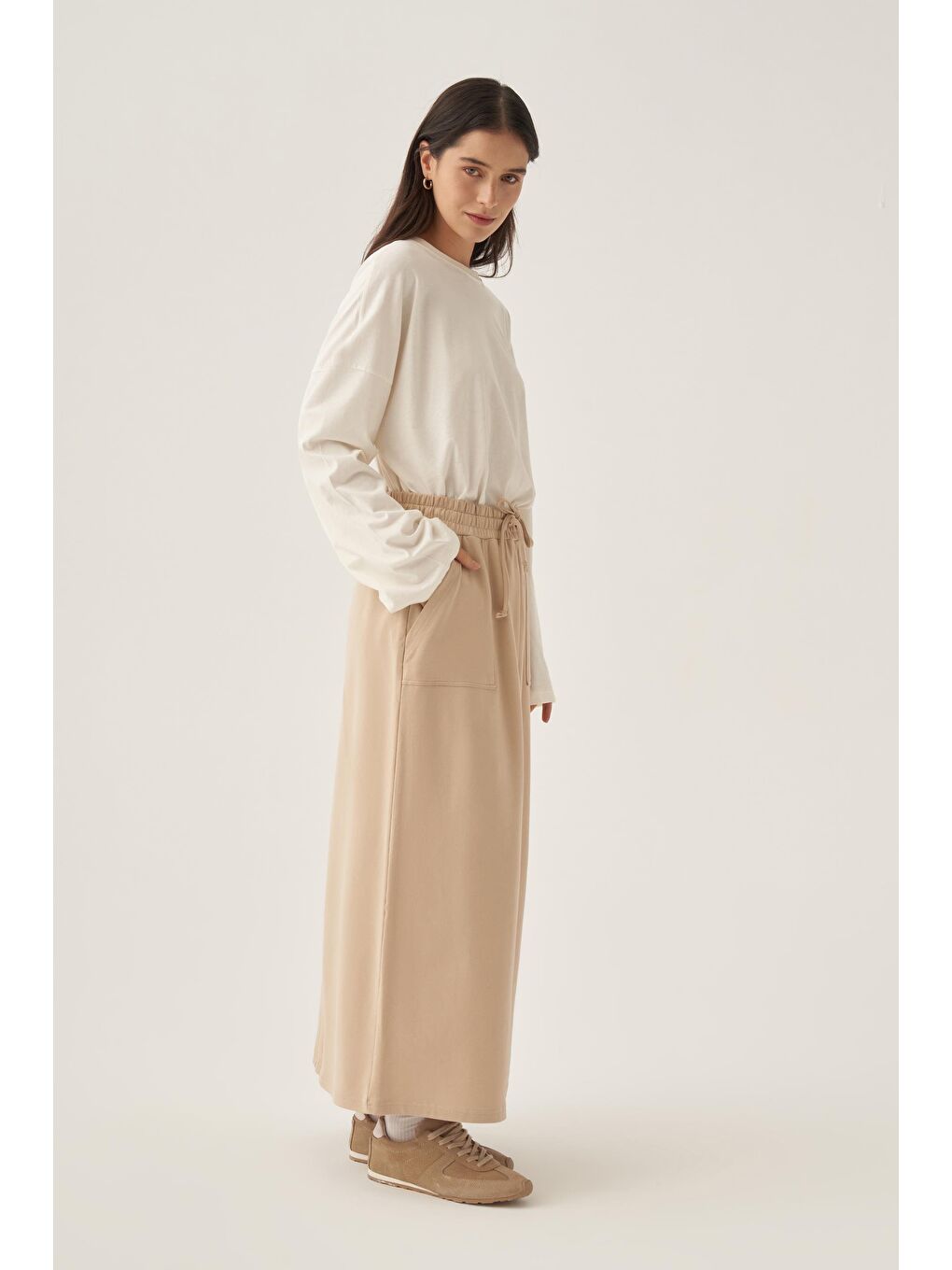 Bej-Pamuklu İki Cepli Etek-1