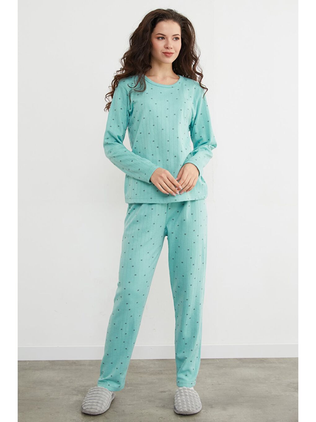 Yeşil Büyük Beden Kalp Ve Yıldız Desenli Pijama Takımı-4