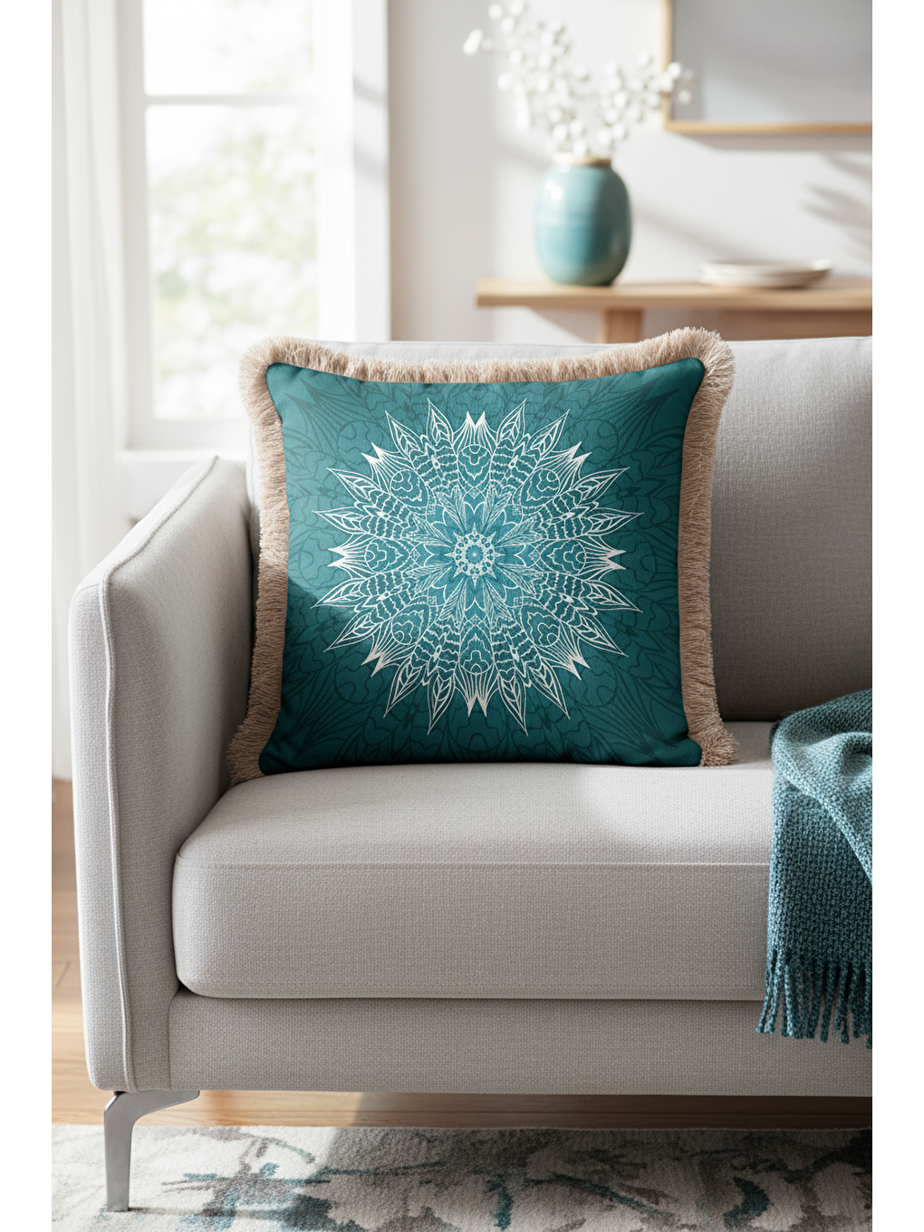 Karışık Mandala Motifli Saçaklı Yastık Kılıfı - Turkuaz Bohem Stil Bej Çerçeveli Püsküllü Kırlent Kılıfı-3