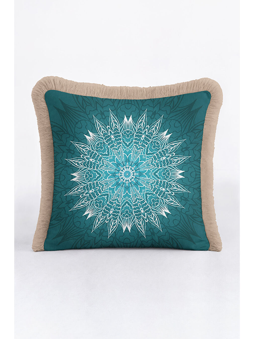 Karışık Mandala Motifli Saçaklı Yastık Kılıfı - Turkuaz Bohem Stil Bej Çerçeveli Püsküllü Kırlent Kılıfı-4