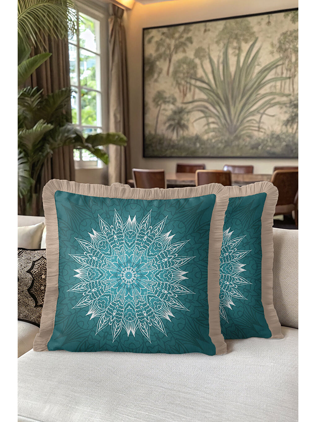Karışık Mandala Motifli Saçaklı Yastık Kılıfı - Turkuaz Bohem Stil Bej Çerçeveli Püsküllü Kırlent Kılıfı-5