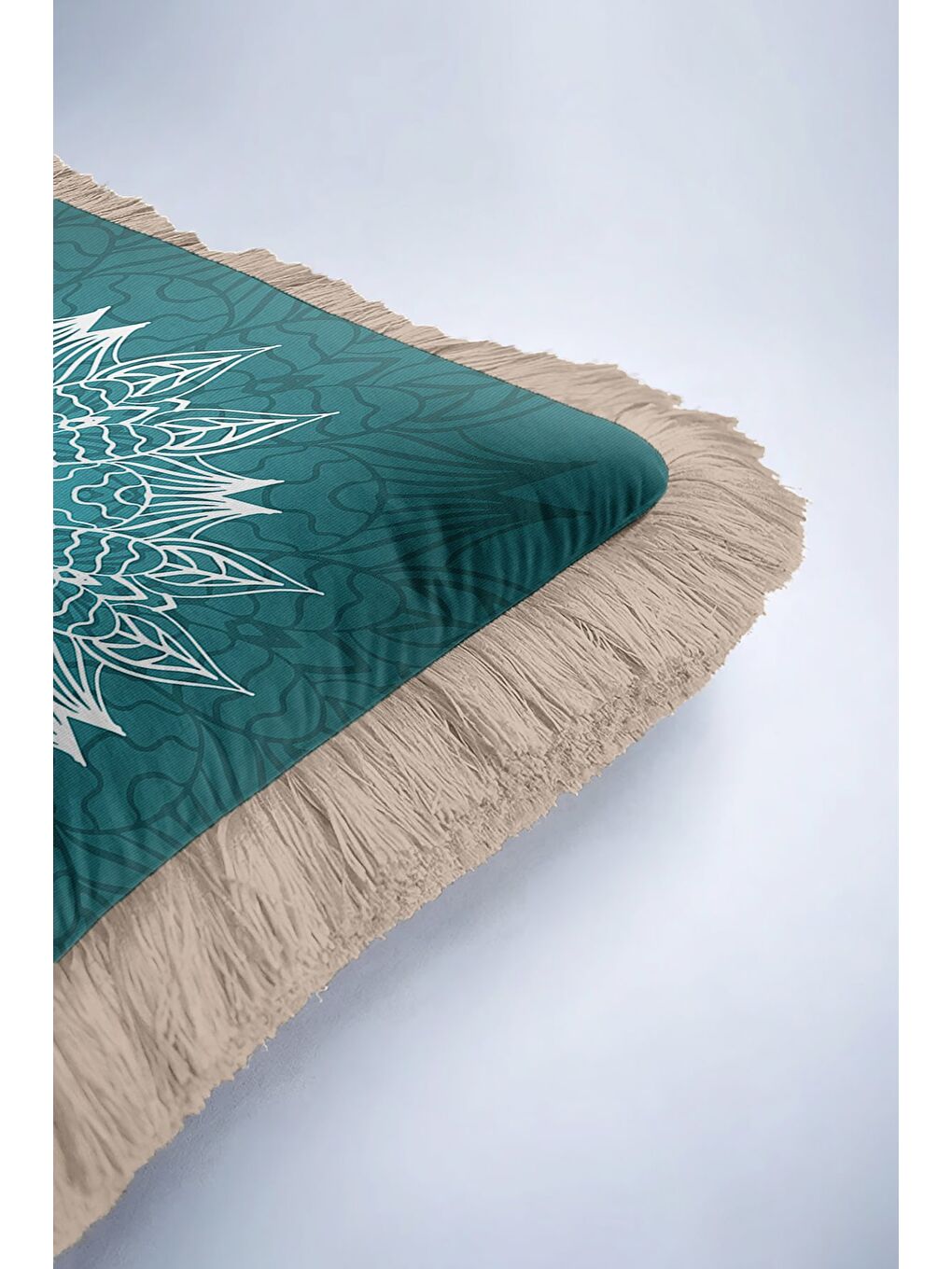 Karışık Mandala Motifli Saçaklı Yastık Kılıfı - Turkuaz Bohem Stil Bej Çerçeveli Püsküllü Kırlent Kılıfı-6