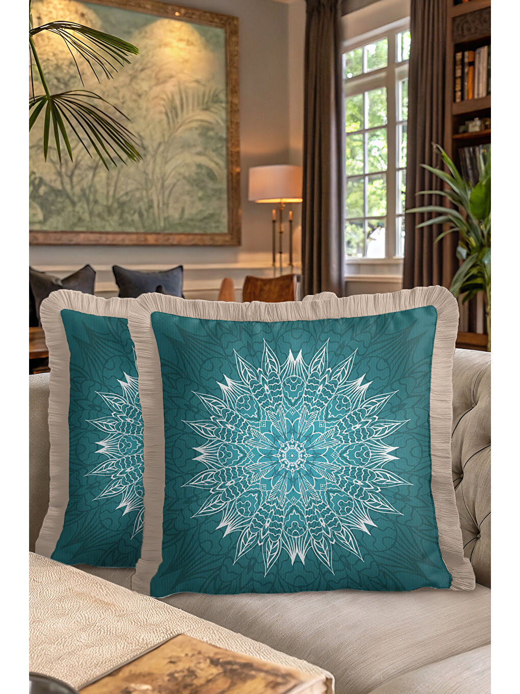 Karışık Mandala Motifli Saçaklı Yastık Kılıfı - Turkuaz Bohem Stil Bej Çerçeveli Püsküllü Kırlent Kılıfı-7