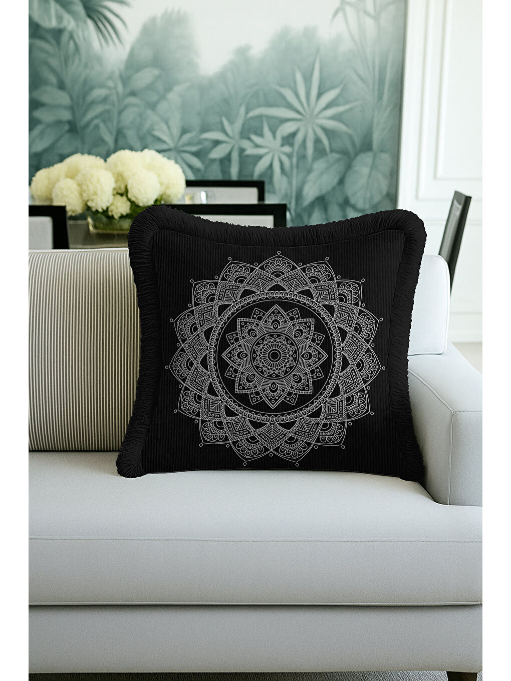 Karışık Etnik Mandala Saçaklı Yastık Kılıfı - Bohem Siyah Gümüş Püsküllü Kırlent Kılıfı