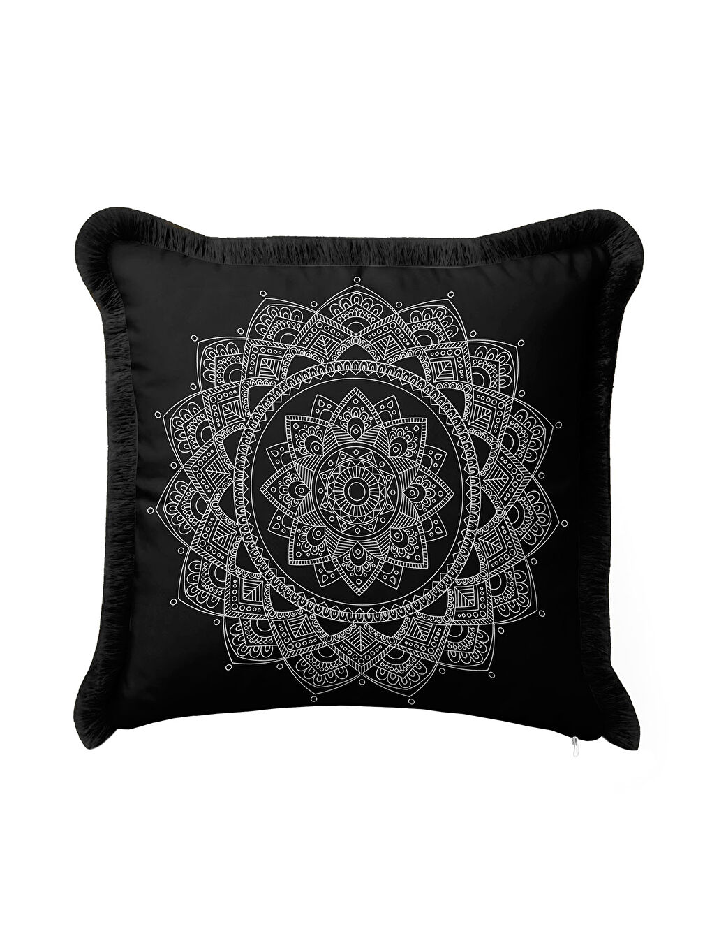 Karışık Etnik Mandala Saçaklı Yastık Kılıfı - Bohem Siyah Gümüş Püsküllü Kırlent Kılıfı-1