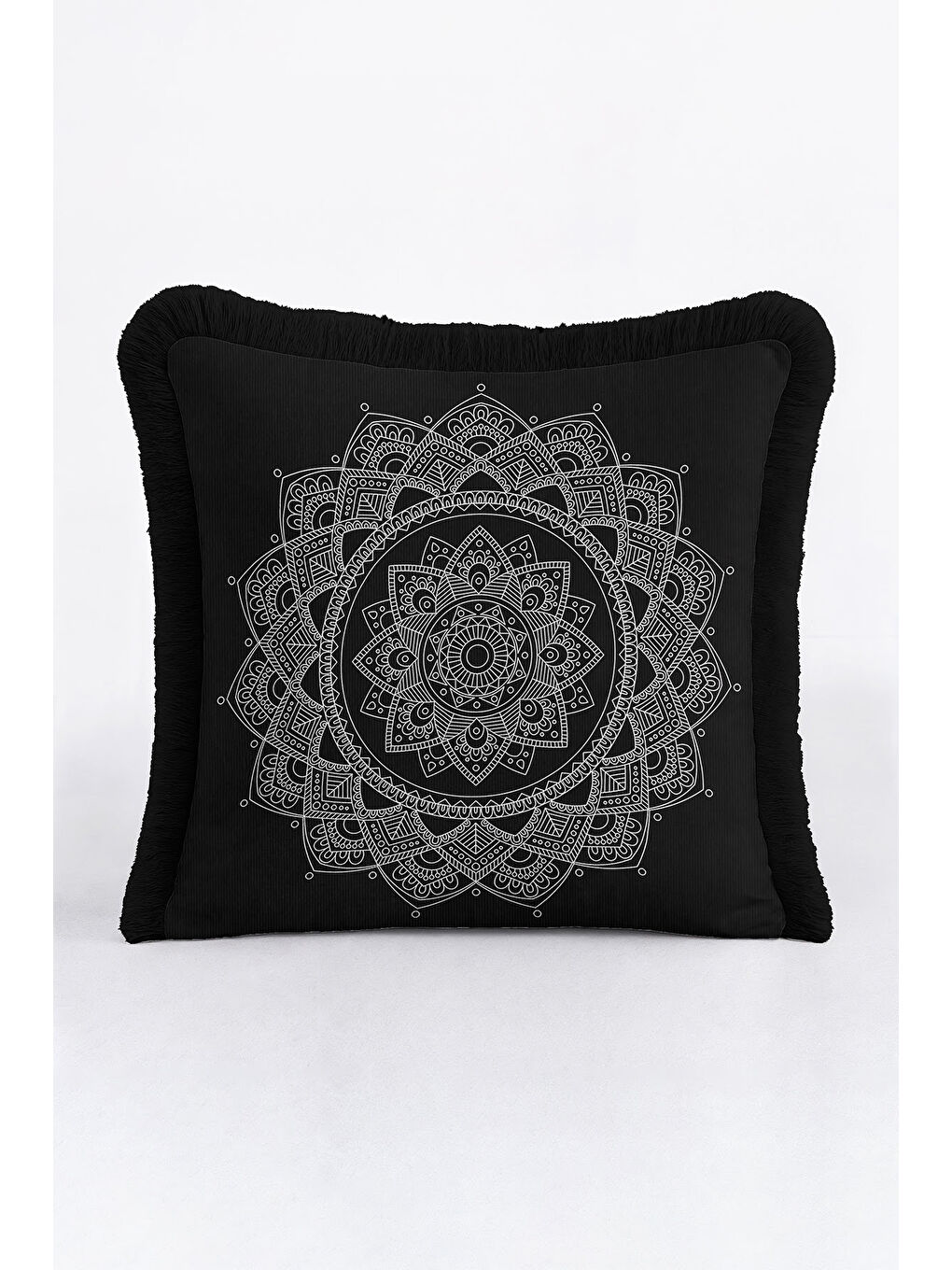 Karışık Etnik Mandala Saçaklı Yastık Kılıfı - Bohem Siyah Gümüş Püsküllü Kırlent Kılıfı-2