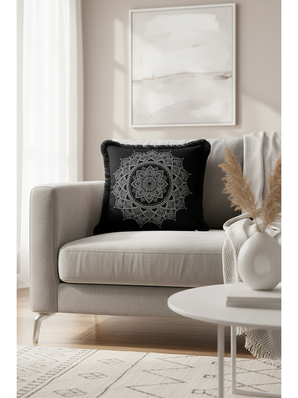 Karışık Etnik Mandala Saçaklı Yastık Kılıfı - Bohem Siyah Gümüş Püsküllü Kırlent Kılıfı-3