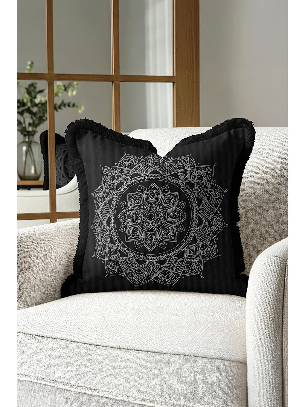 Karışık Etnik Mandala Saçaklı Yastık Kılıfı - Bohem Siyah Gümüş Püsküllü Kırlent Kılıfı-4
