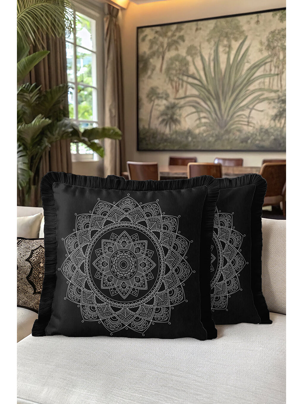 Karışık Etnik Mandala Saçaklı Yastık Kılıfı - Bohem Siyah Gümüş Püsküllü Kırlent Kılıfı-5